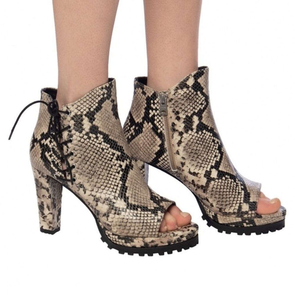 AllSaints Michela Leather Snake Print Peep Toe Heeled Shoes Booties Size 40 EU - Picture 16 of 16